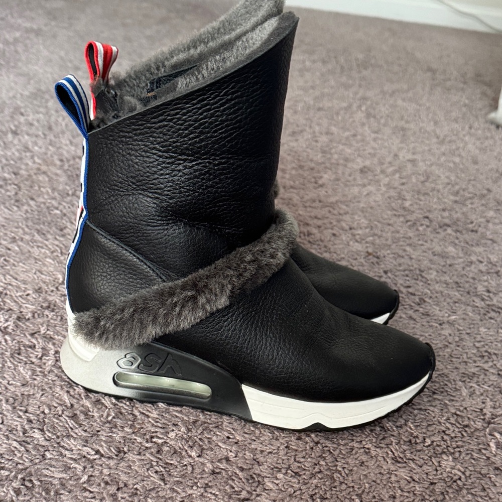 Ash Black Leather Sneaker Boots with Gray Fur Trim